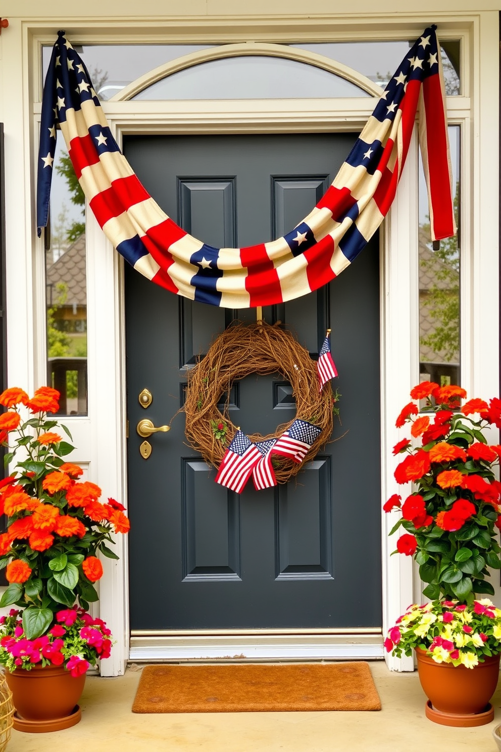 A vintage American flag banner garland is draped elegantly across the front door, creating a warm and inviting atmosphere. The banner features bold red, white, and blue stripes, adding a festive touch to the entrance. Flanking the door, potted flowers in vibrant colors complement the patriotic theme. A rustic wreath adorned with small flags and stars completes the charming Memorial Day decoration.