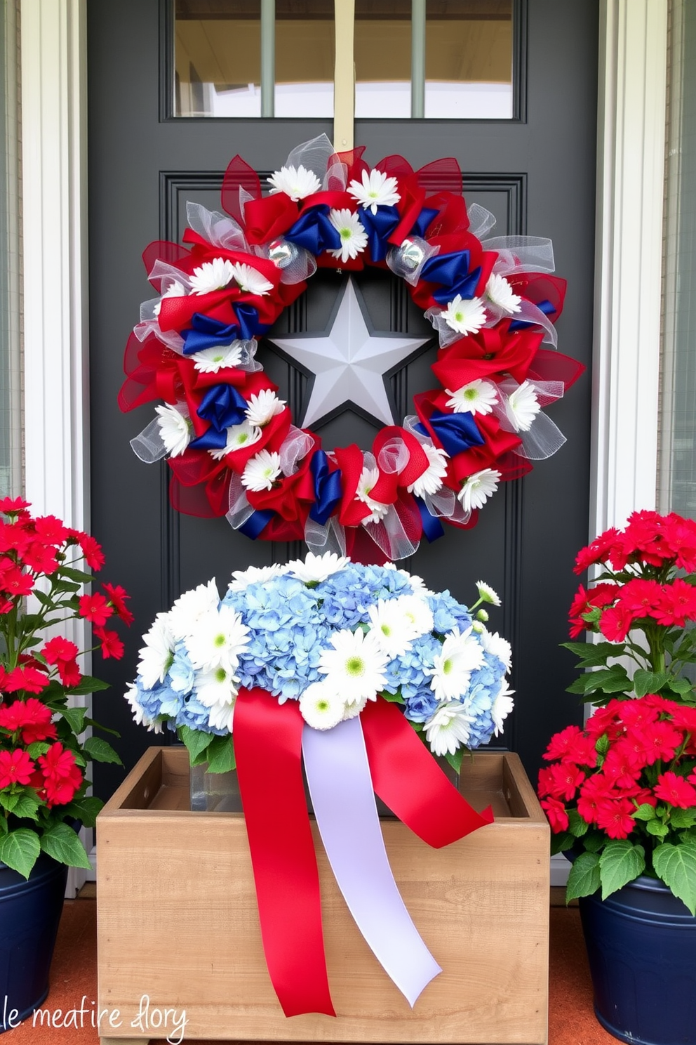 A vibrant red white and blue flower arrangement sits in a rustic wooden planter. The arrangement features daisies and hydrangeas, creating a festive and welcoming atmosphere. For Memorial Day, the front door is adorned with a patriotic wreath made of red white and blue ribbons and faux flowers. Flanking the door are potted plants with matching blooms, enhancing the holiday spirit.