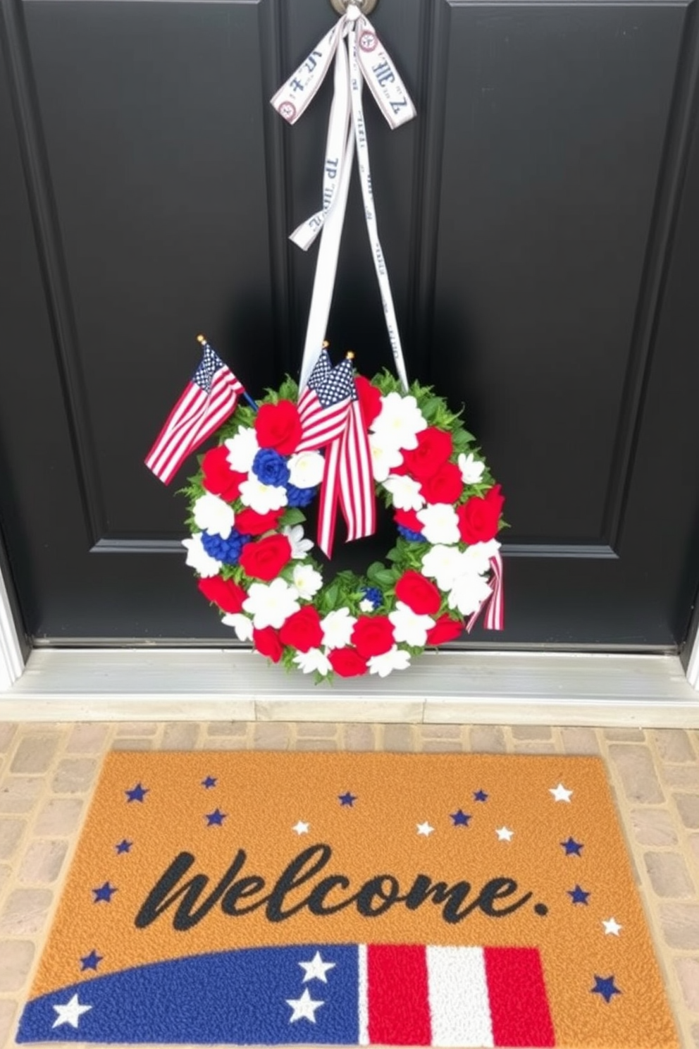 A Memorial Day themed door mat features a patriotic design with red white and blue colors. It includes stars and stripes along with the words 