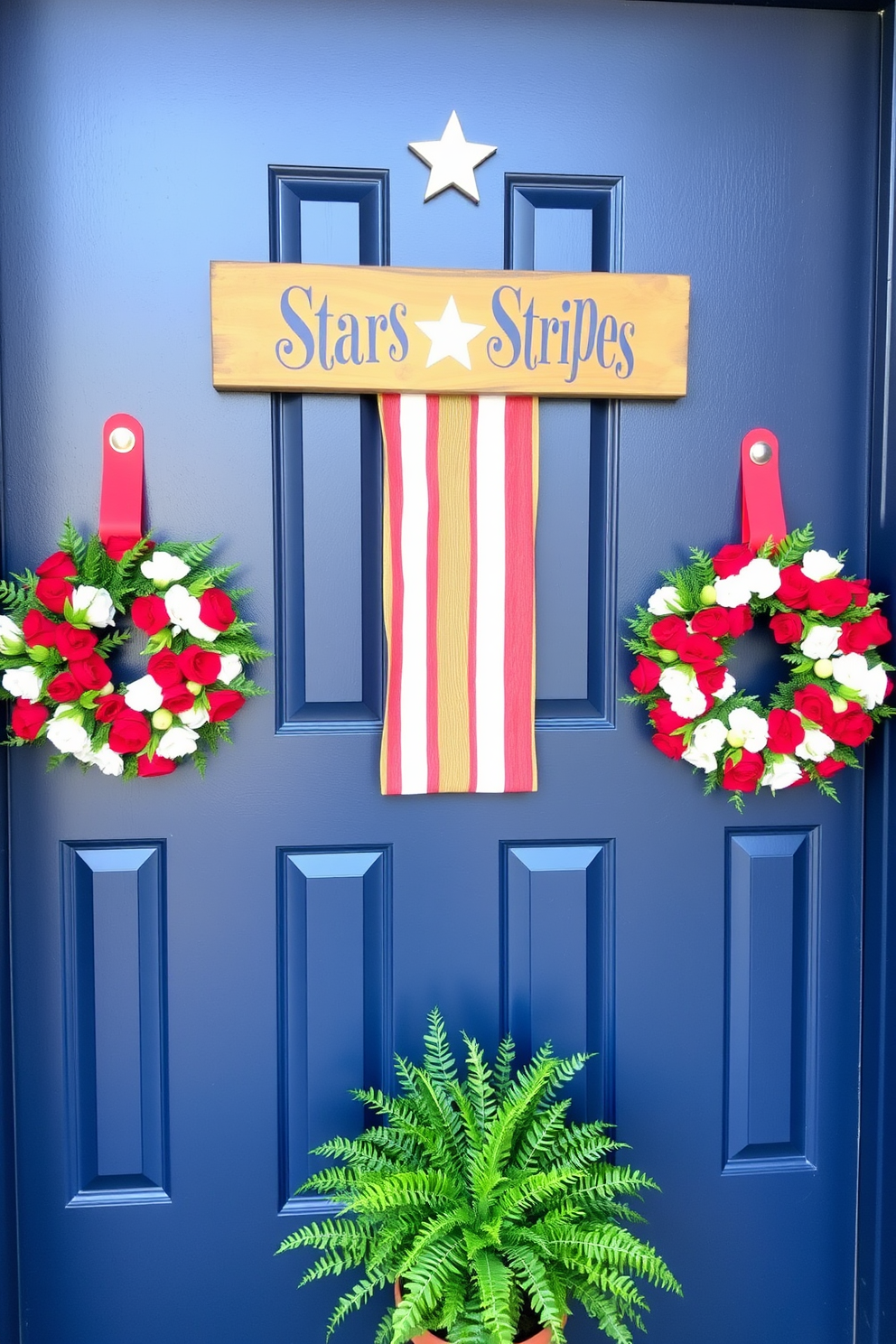 A charming front door adorned with a wooden stars and stripes sign welcomes guests with a festive touch. The door is painted a deep navy blue, complemented by vibrant red and white accents that evoke a sense of patriotism. Floral wreaths featuring red and white blooms are hung on either side of the door, adding a touch of seasonal cheer. A small potted plant with lush greenery sits at the base, enhancing the inviting atmosphere.