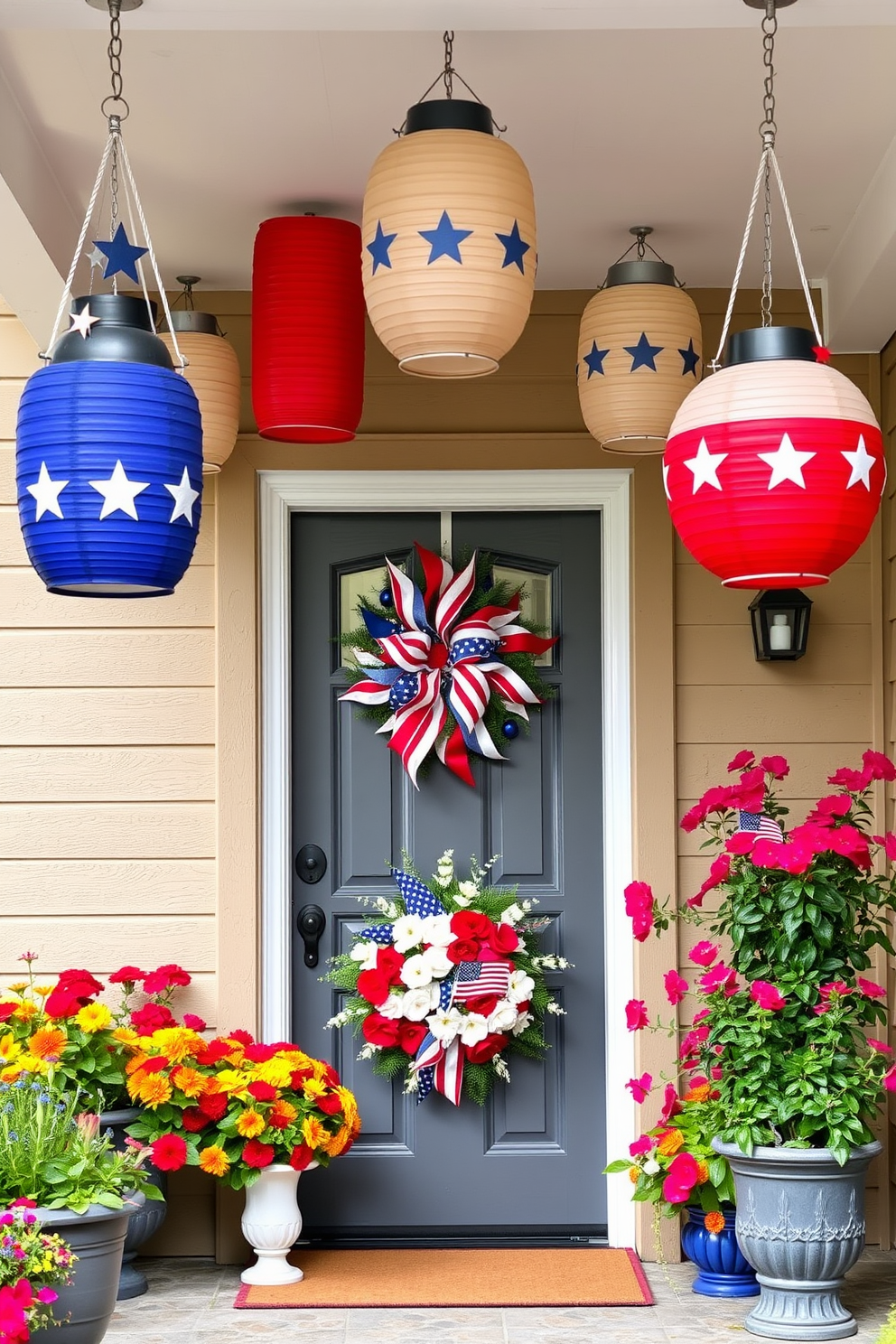 Hanging lanterns in red white and blue are suspended from the porch ceiling creating a festive atmosphere. The lanterns are adorned with stars and stripes adding a touch of patriotism to the entrance. A beautiful wreath made of fresh flowers in patriotic colors is displayed on the front door. Surrounding the door, potted plants with vibrant blooms enhance the welcoming ambiance for Memorial Day.