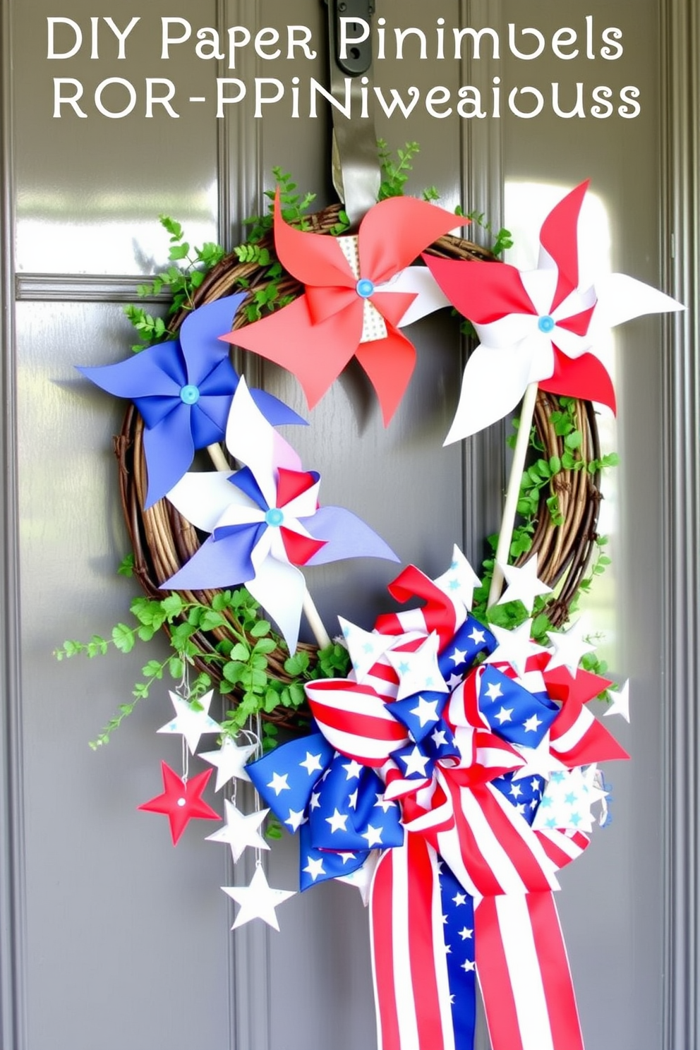 A charming front door display featuring DIY paper pinwheels in vibrant colors. The pinwheels are arranged in a playful manner, attached to a rustic wooden wreath adorned with fresh greenery. A festive Memorial Day front door decoration showcasing red white and blue accents. The display includes a large flag-themed bow and a collection of stars and stripes elements that evoke a patriotic spirit.