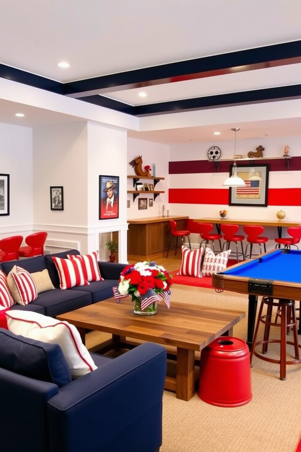 A vibrant game room designed with a patriotic color scheme featuring red, white, and blue accents. The walls are painted in a crisp white, while one feature wall showcases a bold red and blue striped design. A large sectional sofa in navy blue is paired with red and white throw pillows, creating a cozy seating area. A rustic wooden coffee table sits at the center, adorned with a festive centerpiece of flowers in patriotic colors. The game area includes a pool table with a blue felt surface, surrounded by red bar stools. Wall-mounted shelves display memorabilia and decorations that celebrate the spirit of Memorial Day.