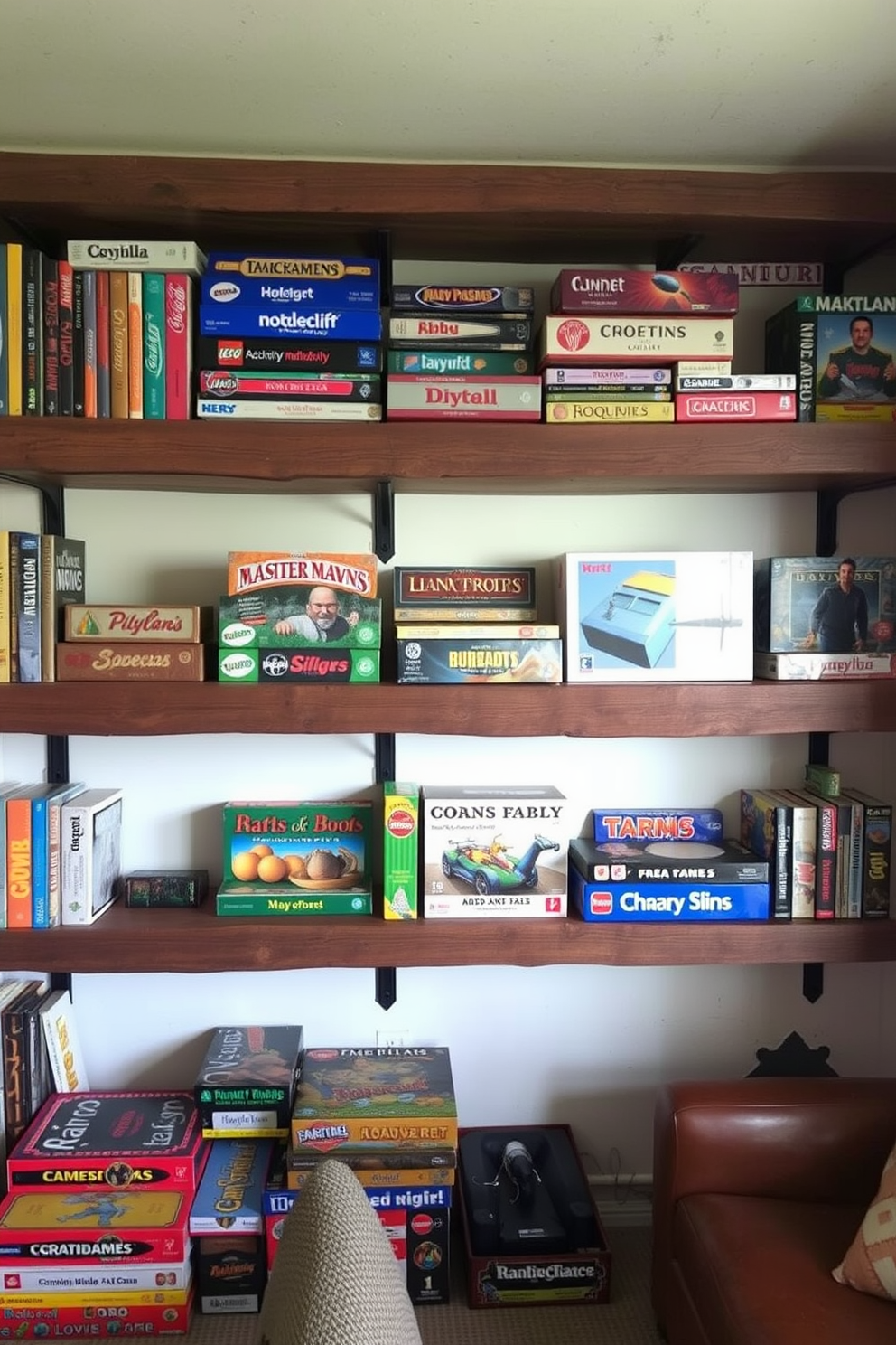 A cozy game room features rustic wooden shelves filled with a variety of board games and vintage game boxes. The shelves are made from reclaimed wood, adding warmth and character to the space, while a comfortable seating area invites friends and family to gather and enjoy game night.