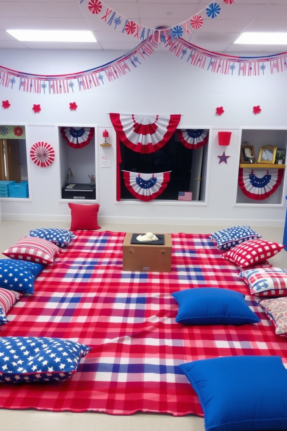 A vibrant game area featuring a large picnic blanket spread across the floor, surrounded by colorful cushions for comfortable seating. The walls are adorned with festive decorations in red, white, and blue, creating a cheerful atmosphere perfect for Memorial Day celebrations.