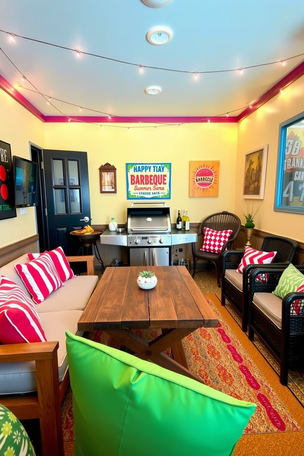 A vibrant game room filled with summer vibes for Memorial Day. The walls are adorned with colorful barbecue-themed art and string lights, creating a festive atmosphere. A sleek barbecue grill sits in one corner, surrounded by comfortable seating and a rustic wooden table. Brightly colored cushions and summer-themed decor enhance the playful and inviting ambiance.