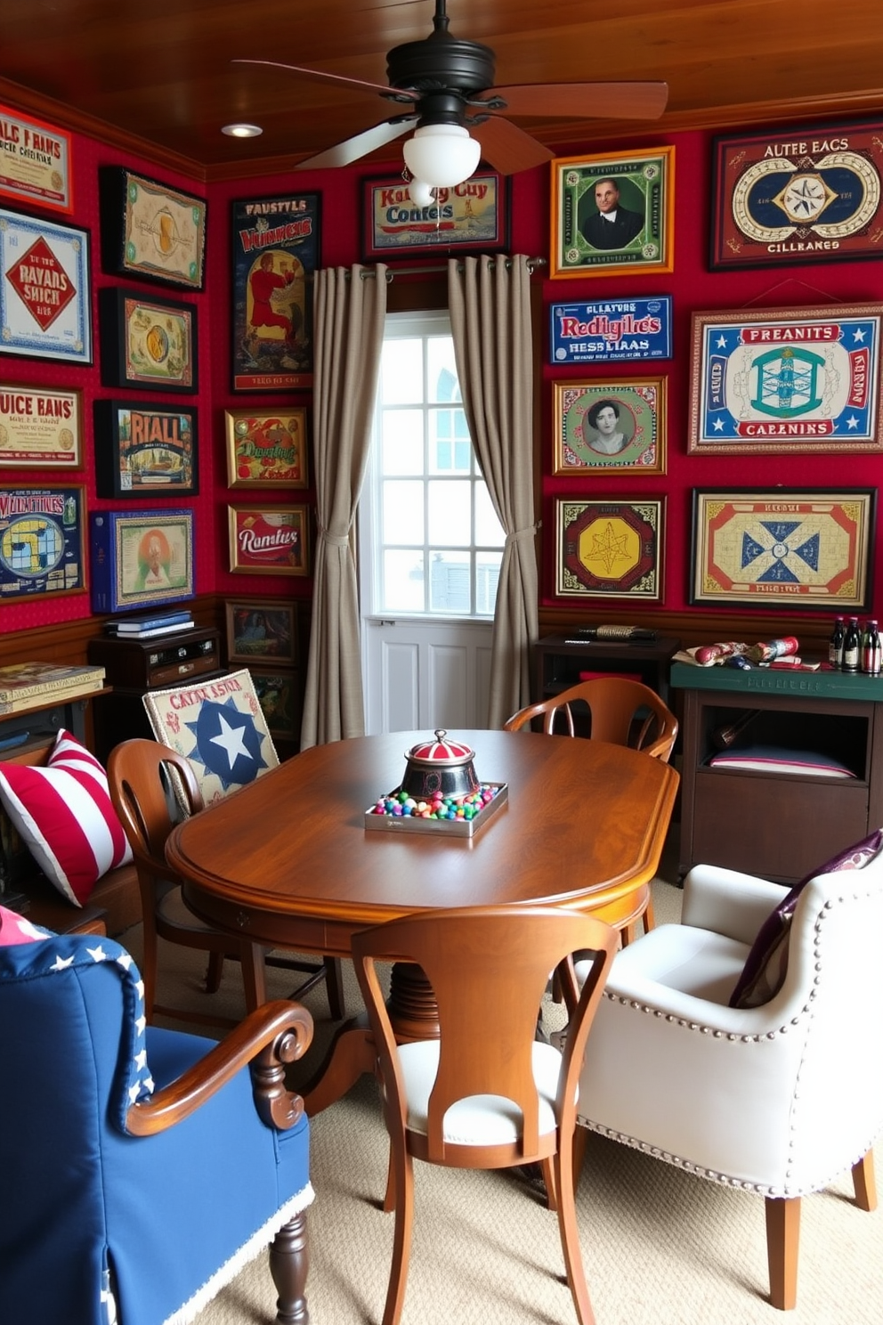 A cozy game room featuring classic board games displayed as art on the walls. The decor includes a vintage wooden table surrounded by comfortable chairs, with patriotic colors of red, white, and blue accentuating the space.