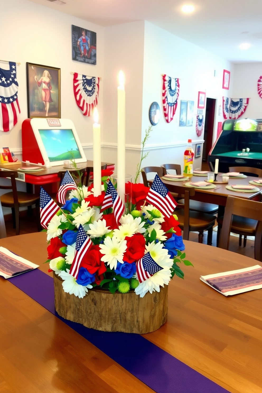 A festive table centerpiece for Memorial Day featuring a rustic wooden base adorned with red white and blue flowers. Small American flags are placed among the blooms and candles in glass holders add a warm glow. A vibrant game room decorated for Memorial Day with a patriotic color scheme of red blue and white. The walls are adorned with themed artwork and a large table is set up for games with festive tableware and snacks.