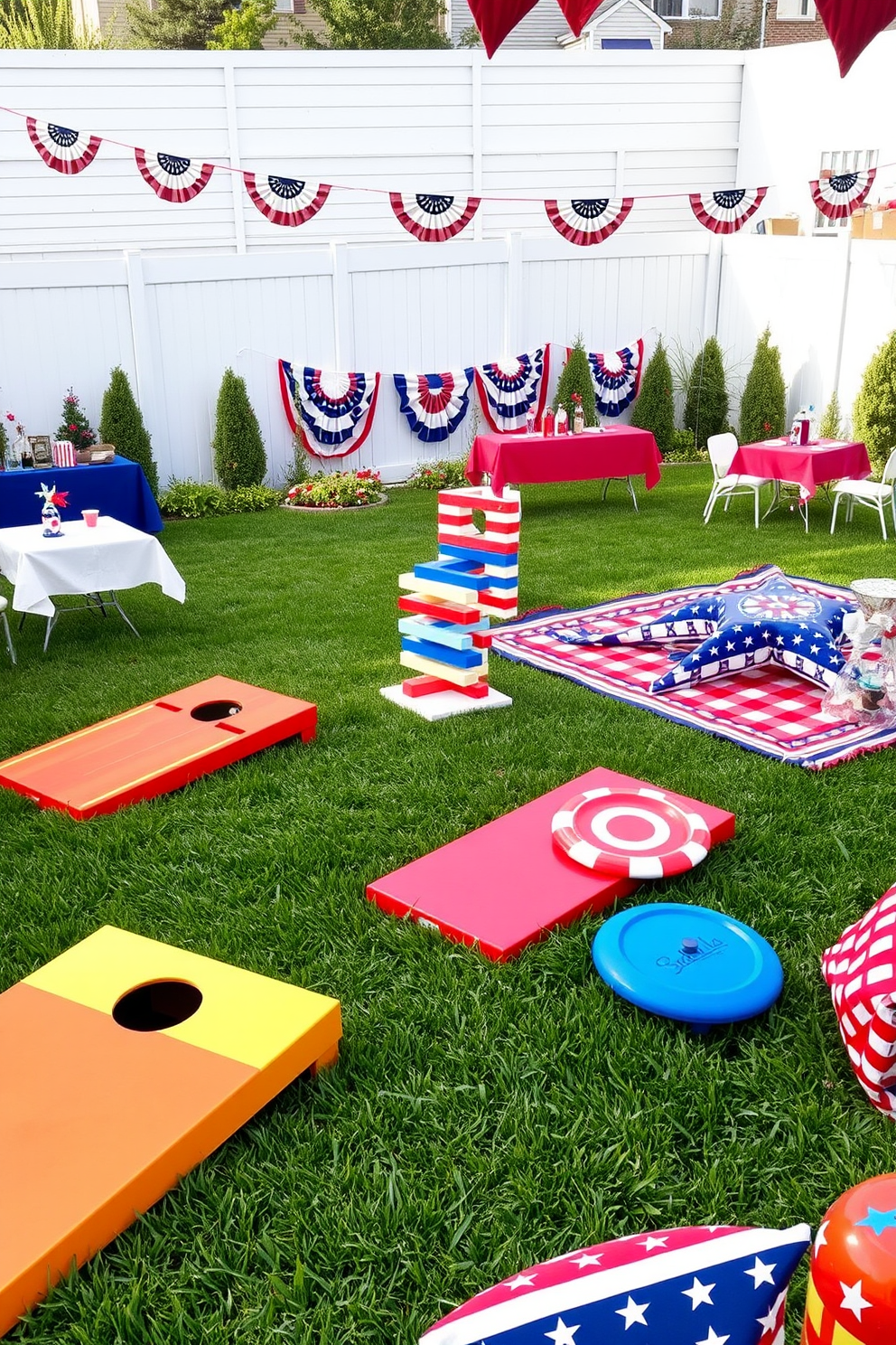 A vibrant outdoor space designed for lawn activities. Colorful game sets are arranged on lush green grass, including a cornhole setup, giant Jenga, and a frisbee area. The space is adorned with festive decorations to celebrate Memorial Day. Red, white, and blue accents are incorporated through tablecloths, banners, and cushions for a patriotic touch.