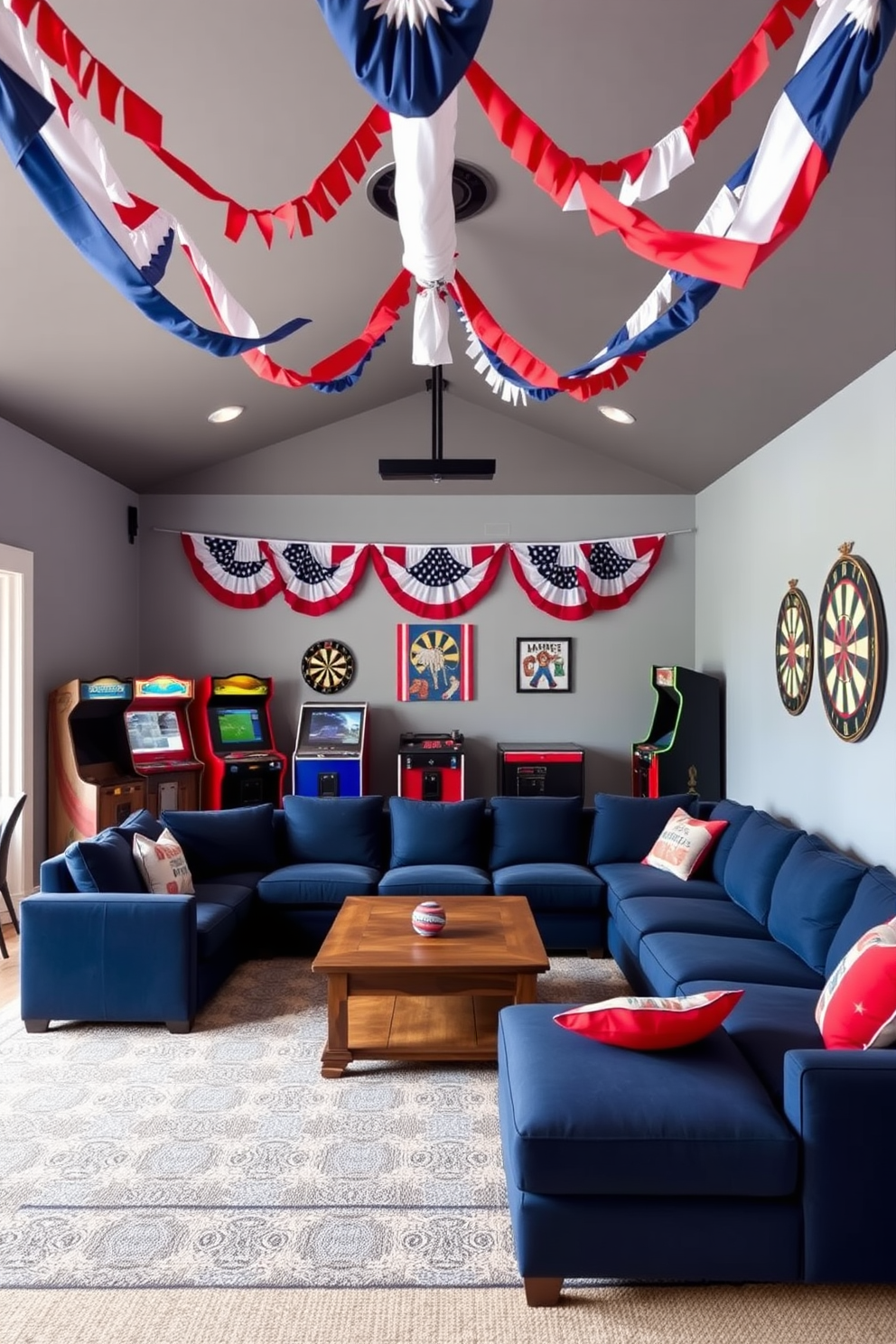 A vibrant game room adorned with patriotic bunting hanging gracefully from the ceiling. The bunting features red, white, and blue colors, creating a festive atmosphere perfect for Memorial Day celebrations. The walls are painted in a soft gray, complementing the colorful decorations. A large sectional sofa in navy blue faces a wooden coffee table, surrounded by vintage arcade games and a dartboard for entertainment.