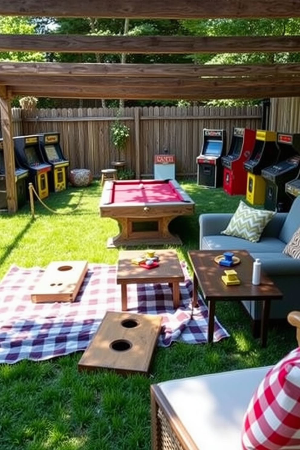 Vintage lawn games for outdoor fun. Picture a sunlit backyard with a checkered blanket spread on the grass, surrounded by classic lawn games like cornhole and bocce ball. Game room decorating ideas. Envision a cozy game room with a rustic wooden pool table, vintage arcade machines lining the walls, and comfortable seating arranged around a stylish coffee table.