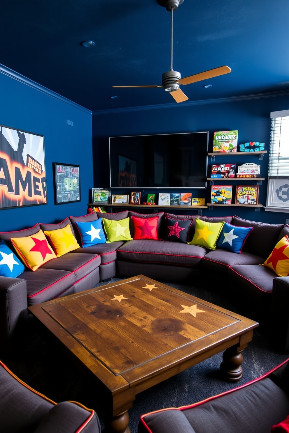 Create a vibrant game room that features colorful cushions adorned with star patterns. The cushions are arranged on a large sectional sofa, complemented by a rustic wooden coffee table at the center of the room. The walls are painted in a deep navy blue, creating a cozy atmosphere perfect for game nights. A selection of board games and a large screen for video games are prominently displayed, enhancing the playful vibe of the space.