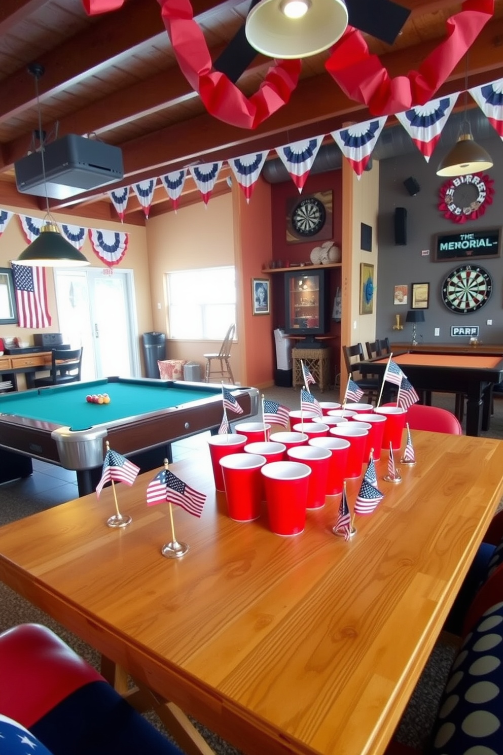 A vibrant themed drink station designed for a Memorial Day celebration. Red cups are neatly arranged on a wooden table, surrounded by festive decorations like miniature flags and patriotic banners. The game room features a lively atmosphere with a pool table and dartboard. Comfortable seating is arranged for guests to enjoy the festivities while sipping their drinks.