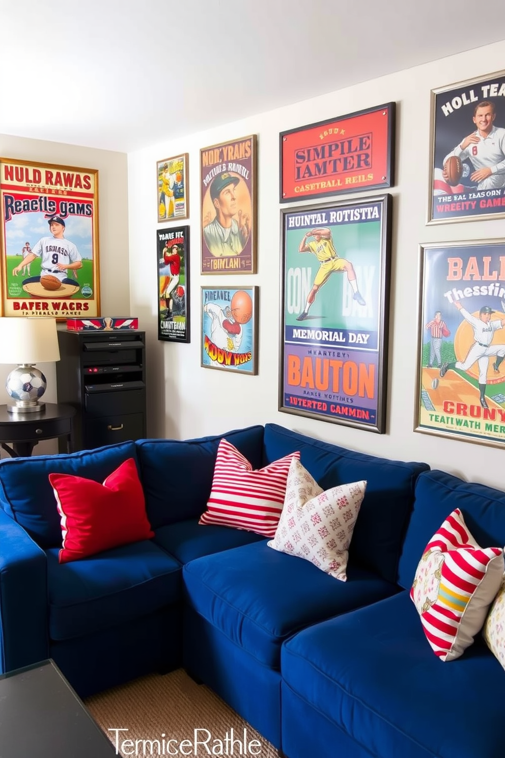 A cozy game room decorated for Memorial Day features vintage game posters adorning the walls. The space includes a comfortable sectional sofa in a deep blue hue, accented with red and white throw pillows.