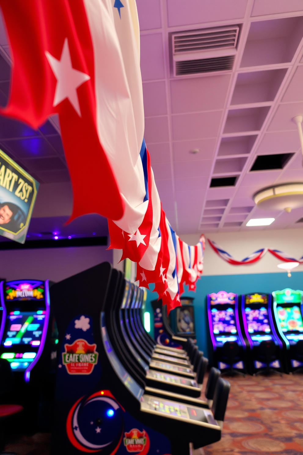 A vibrant festive banner stretches across the game area, adorned with red white and blue colors to celebrate Memorial Day. The banner features stars and stripes, creating a cheerful atmosphere that enhances the excitement of the game room.