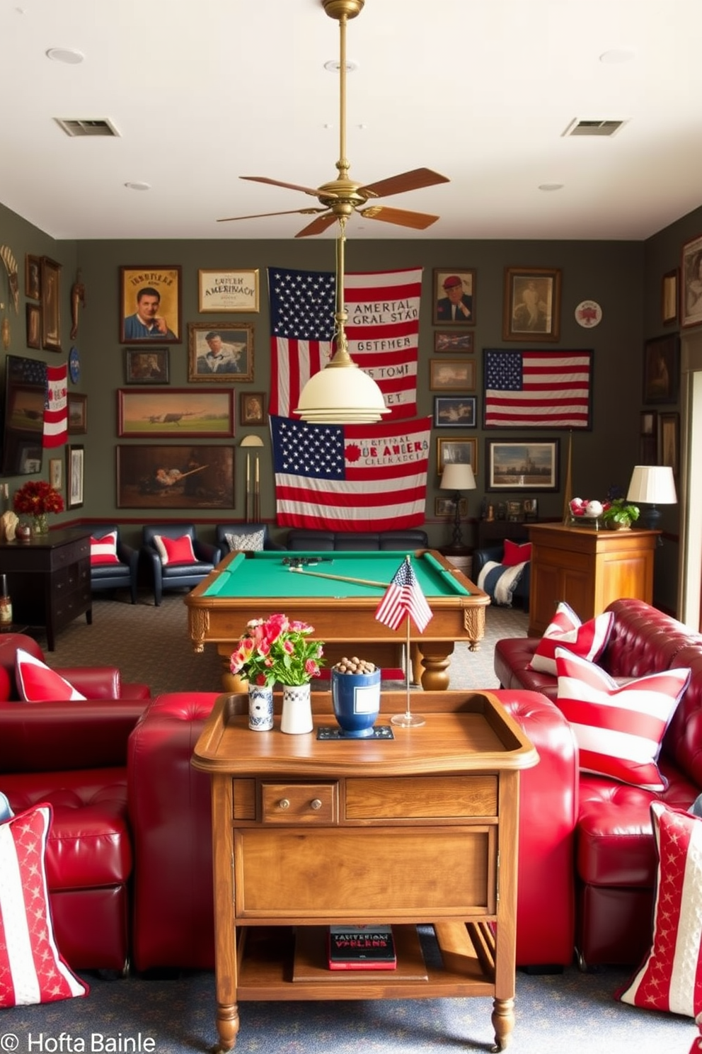 A vibrant game room featuring Americana decor accents. The walls are adorned with vintage American flags and framed sports memorabilia, creating a nostalgic atmosphere. In the center, a large pool table is surrounded by comfortable leather seating in red, white, and blue tones. Brightly colored throw pillows and an antique wooden bar cart add to the festive ambiance, perfect for Memorial Day gatherings.