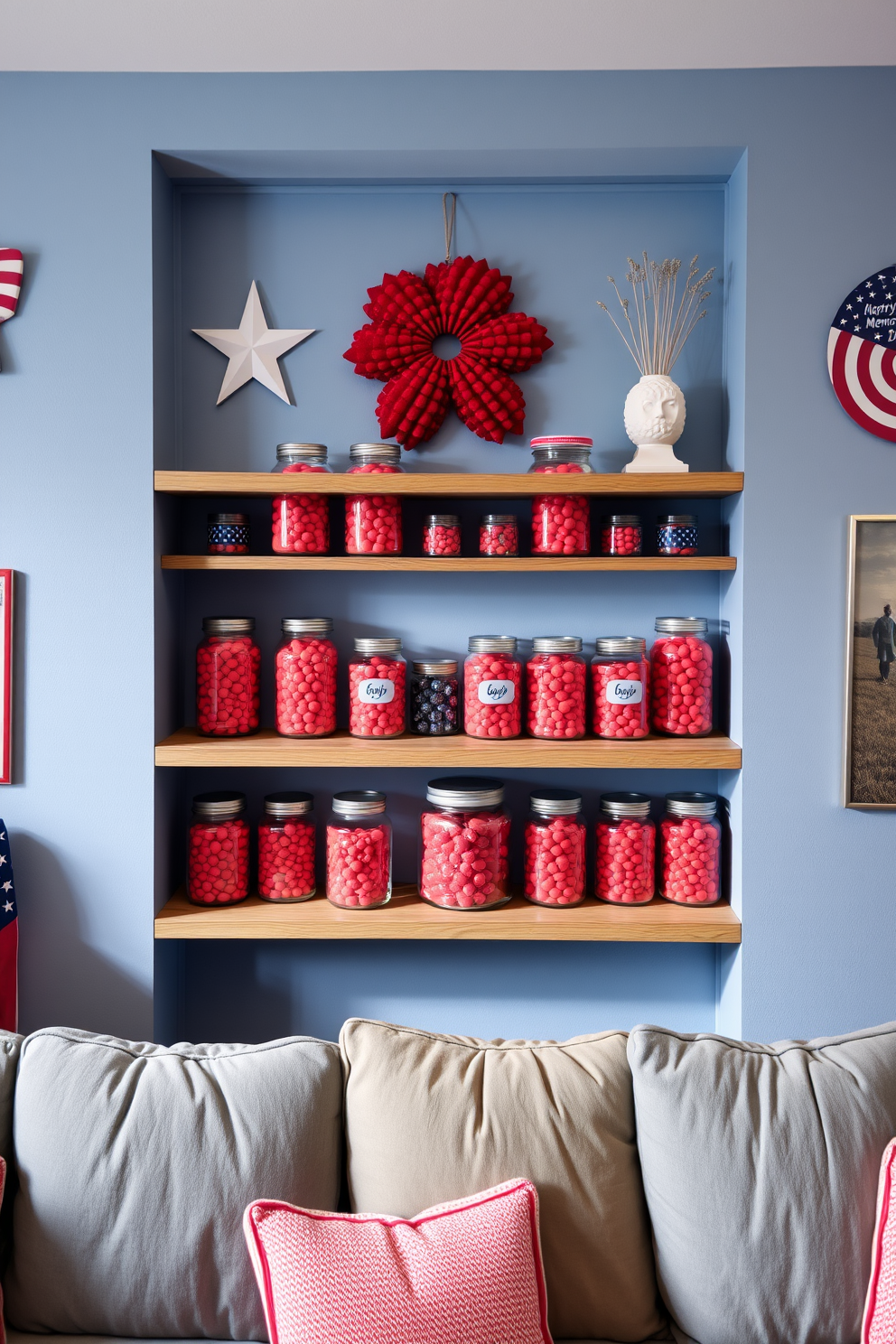 A vibrant game room featuring an array of decorative jars filled with bright red candies. The jars are artfully arranged on a sleek wooden shelf, adding a playful touch to the space. The walls are adorned with patriotic-themed decor to celebrate Memorial Day. A comfortable seating area with plush cushions invites friends and family to relax and enjoy games together.