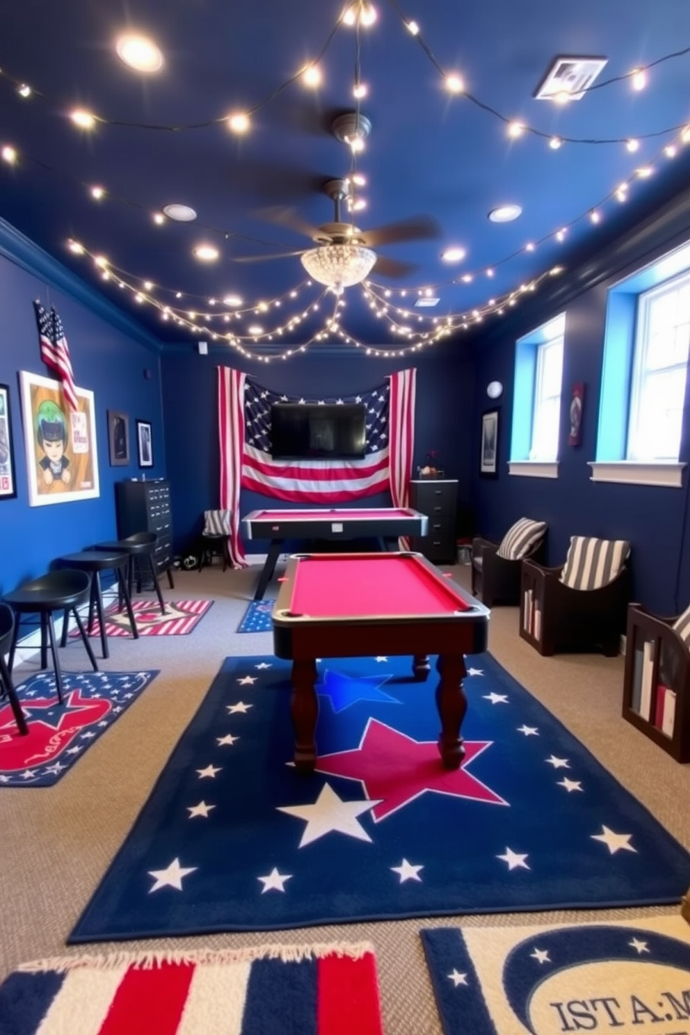 A vibrant game room featuring themed rugs with stars and stripes. The walls are painted in a deep navy blue, and the ceiling is adorned with string lights for a festive atmosphere.