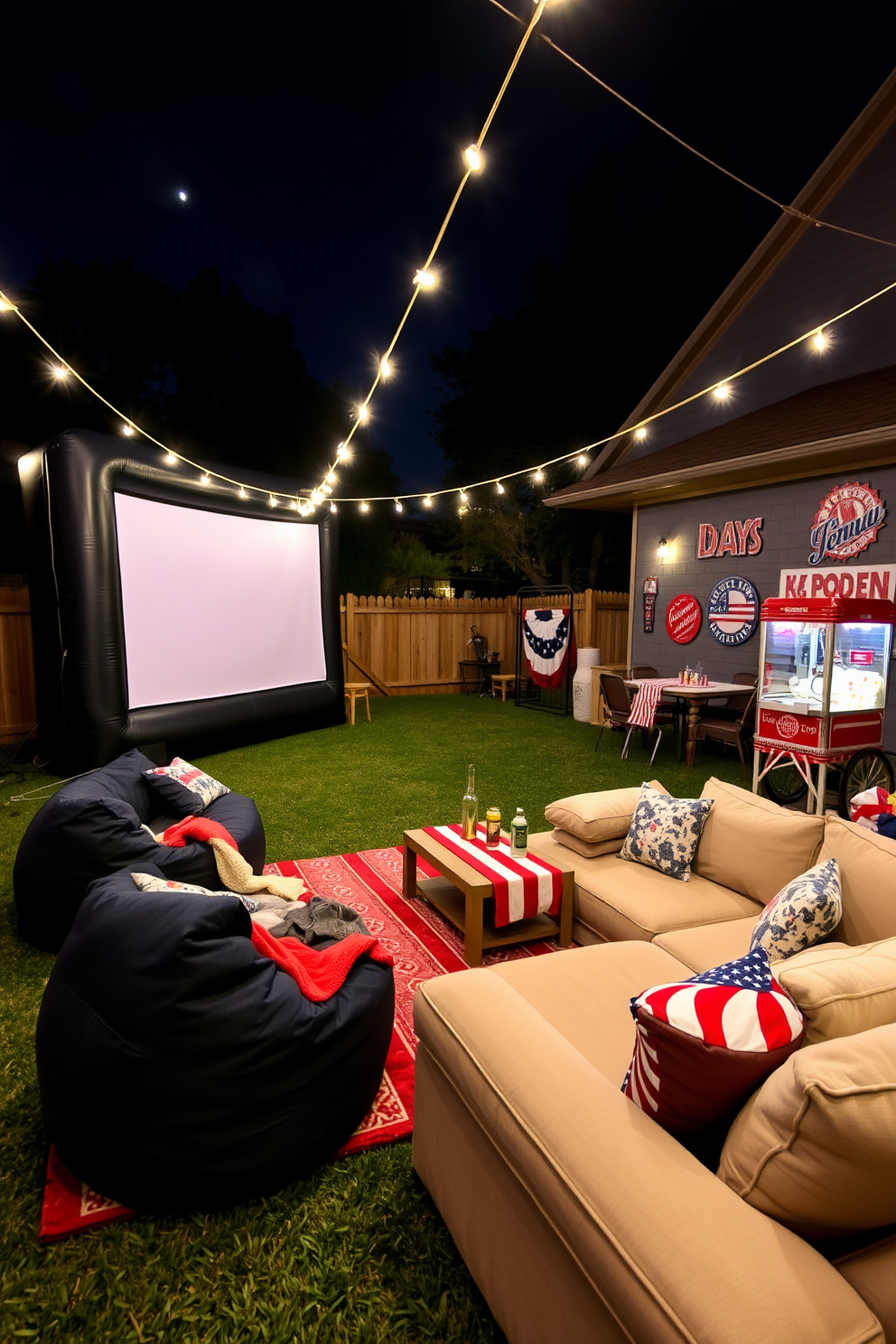 A cozy outdoor movie setup designed for night games features a large inflatable screen illuminated by soft string lights. Surrounding the screen, comfortable seating options like oversized bean bags and blankets create an inviting atmosphere for guests. For Memorial Day, the game room is decorated with red, white, and blue accents, including themed wall art and festive table decorations. A large sectional sofa provides ample seating, while a vintage popcorn machine adds a nostalgic touch to the space.