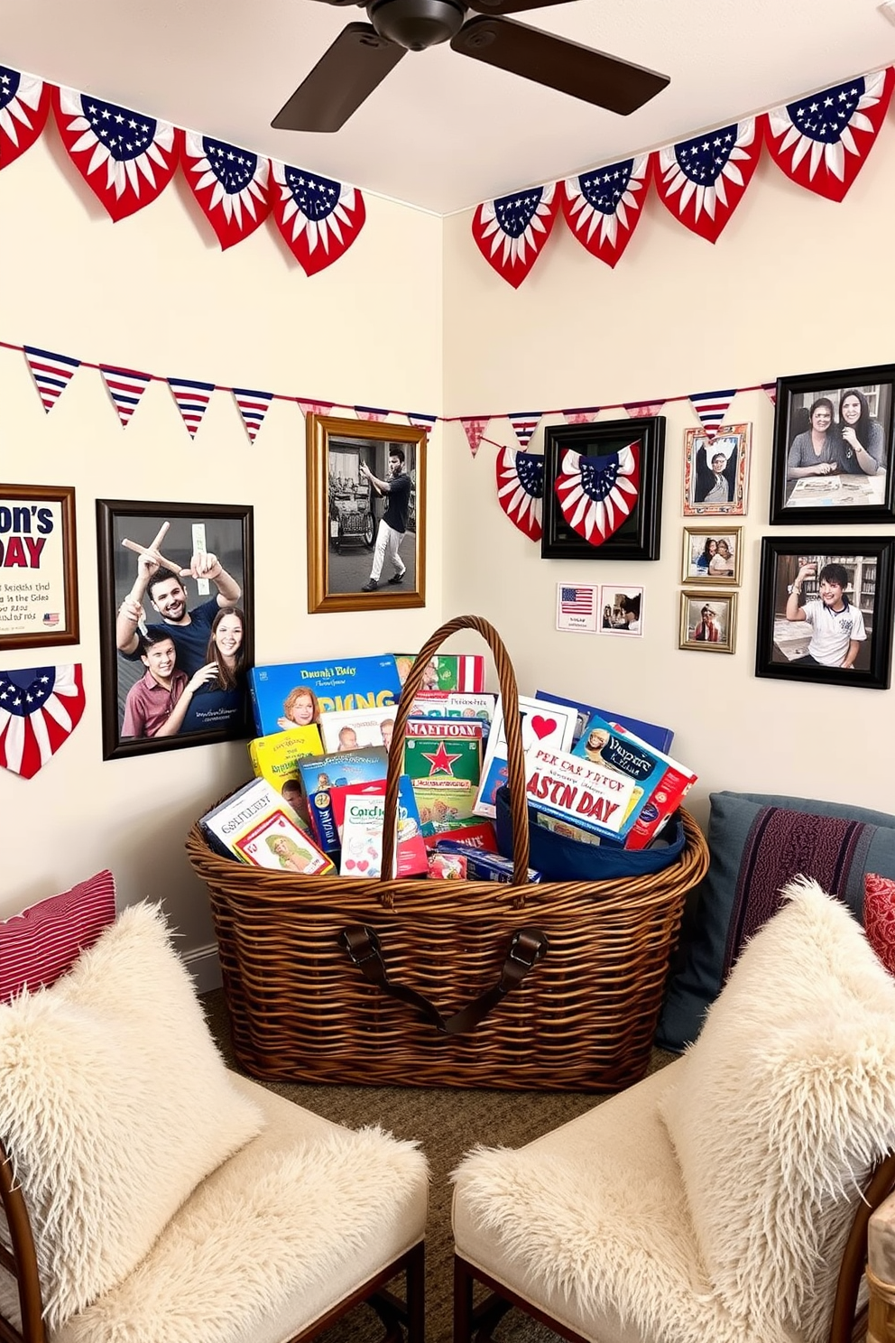 A cozy game room designed for Memorial Day festivities. The space features a large picnic basket overflowing with board games, cards, and outdoor games, inviting friends and family to gather and enjoy. The walls are adorned with patriotic decorations, including red, white, and blue bunting and framed photos of past Memorial Day celebrations. Comfortable seating arrangements with plush cushions create a welcoming atmosphere for relaxation and fun.