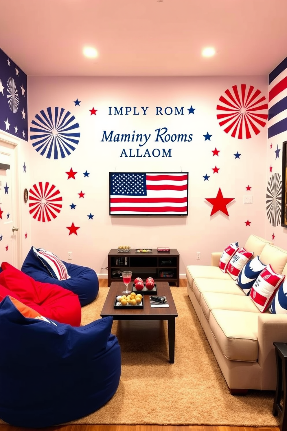 Create a vibrant game room featuring patriotic-themed wall decals that celebrate Memorial Day. The walls are adorned with bold red, white, and blue designs, including stars and stripes, creating an energetic and festive atmosphere. Incorporate comfortable seating with plush bean bags and a sectional sofa in coordinating colors. A large coffee table in the center holds snacks and drinks, inviting friends and family to gather and enjoy the games.