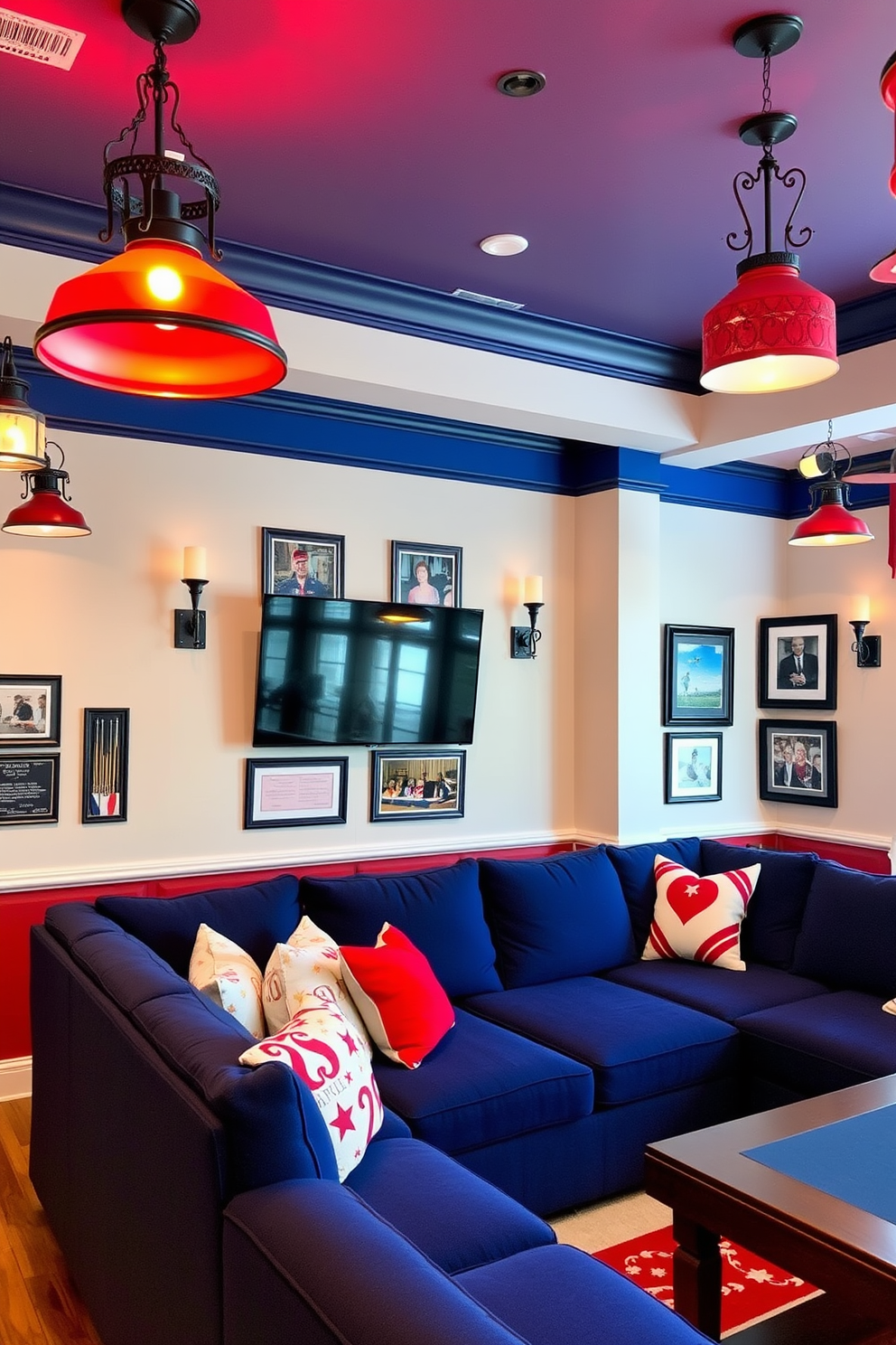 A vibrant game room decorated in a red white and blue theme. The lighting fixtures feature a mix of pendant lights and wall sconces, all showcasing patriotic colors that create a festive atmosphere. The walls are adorned with framed memorabilia from past Memorial Day celebrations. A large sectional sofa in deep blue is complemented by red and white throw pillows, inviting friends and family to gather and enjoy the space.