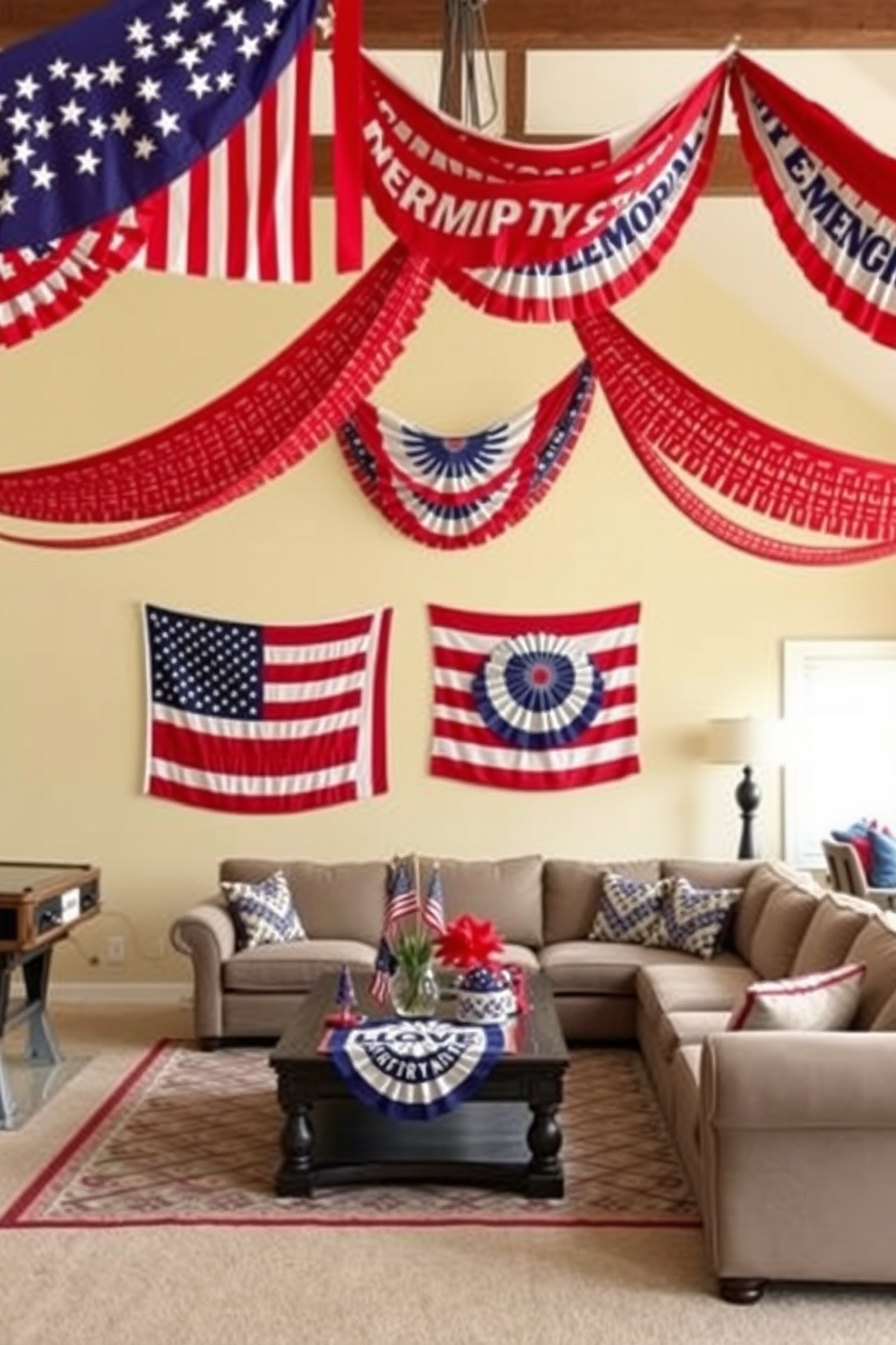 Decorative flags in vibrant colors are draped across the walls, creating a festive atmosphere for Memorial Day. The game room features a cozy seating area with a large sectional sofa and a coffee table adorned with patriotic-themed decor.