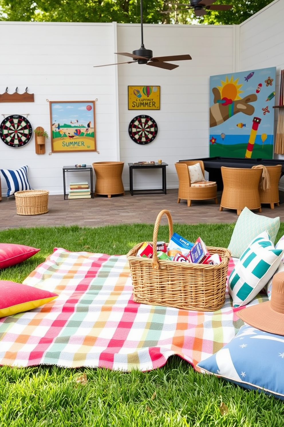 Outdoor themed decor featuring picnic elements. A large picnic blanket is spread across the grass, surrounded by colorful cushions and a vintage wicker basket filled with snacks. The game room is designed for entertainment and relaxation. It includes a pool table, dartboard, and comfortable seating with vibrant wall art celebrating summer activities.