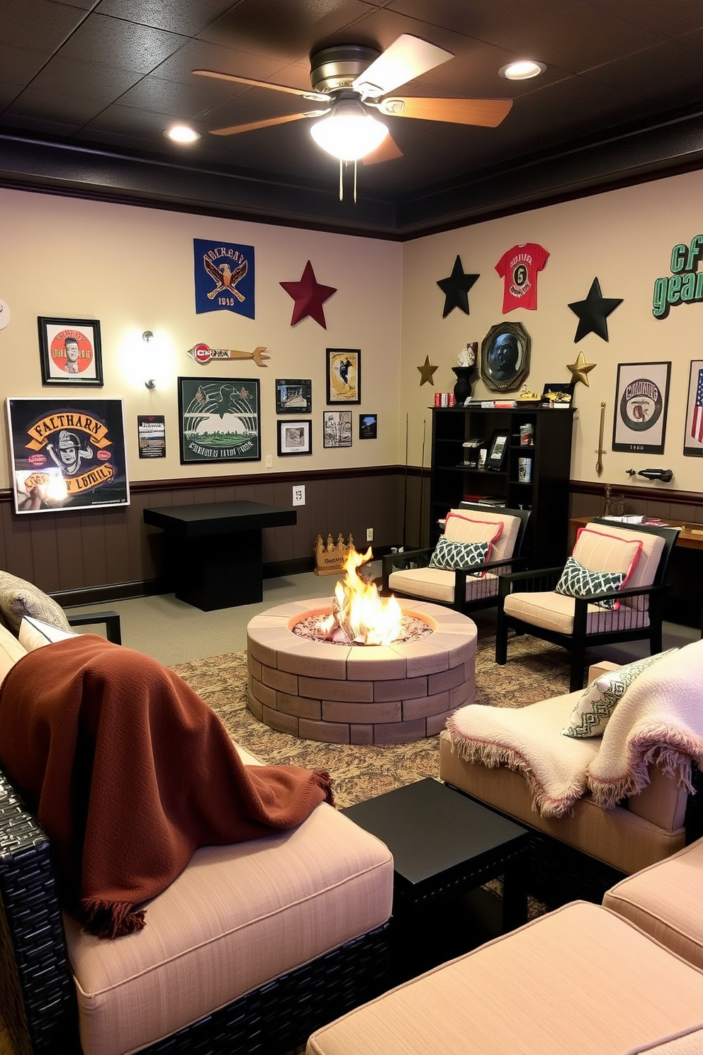 A game room featuring a cozy fire pit area creates an inviting atmosphere for relaxation and entertainment. Plush seating surrounds the fire pit, with soft blankets draped over the chairs for added comfort. The walls are adorned with vibrant artwork and memorabilia that reflect a playful spirit. Soft lighting enhances the ambiance, making it the perfect space for enjoying games and gatherings on Memorial Day.