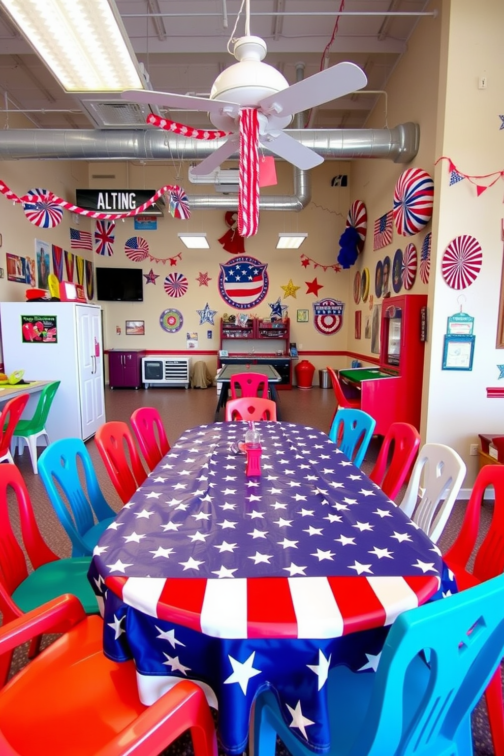 A vibrant game room filled with excitement. The centerpiece is a large table covered with a star-spangled tablecloth, perfect for celebrating Memorial Day. Around the table, colorful chairs invite guests to join in on the fun. Walls are adorned with red, white, and blue decorations, creating a festive atmosphere for games and gatherings.