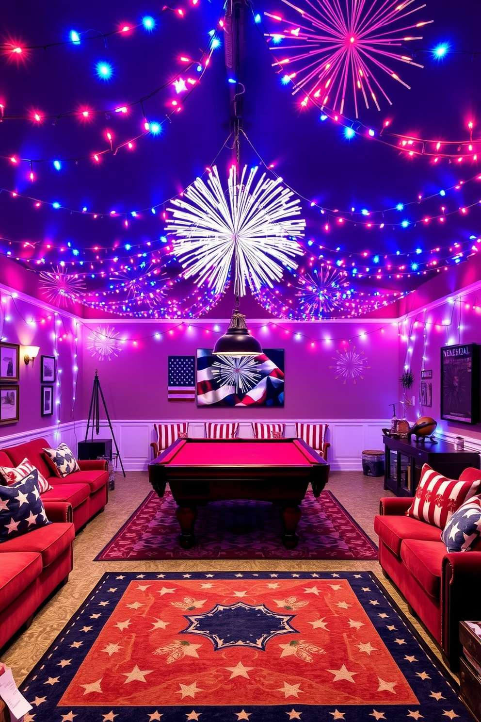 A vibrant game room adorned with fireworks-inspired LED string lights creates a festive atmosphere. The lights are draped across the ceiling and walls, illuminating the space with bursts of color and energy. The room features a large pool table at the center, surrounded by comfortable seating in patriotic hues of red, white, and blue. Decorative accents such as themed throw pillows and a star-spangled rug enhance the Memorial Day celebration.