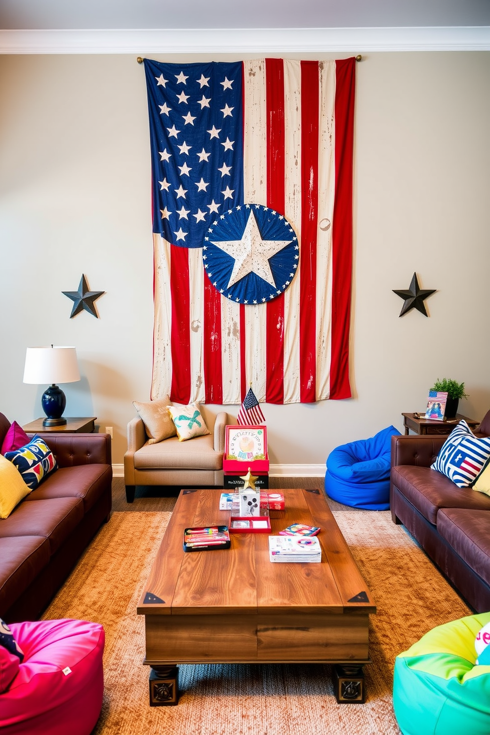 A vibrant game room featuring an American flag wall art centerpiece that serves as a focal point. The walls are painted in a neutral tone to enhance the bold colors of the flag, creating a festive atmosphere for Memorial Day gatherings. Comfortable seating arrangements include a mix of plush sofas and colorful bean bags, inviting guests to relax and enjoy. A rustic wooden coffee table sits at the center, adorned with patriotic decorations and games for entertainment.