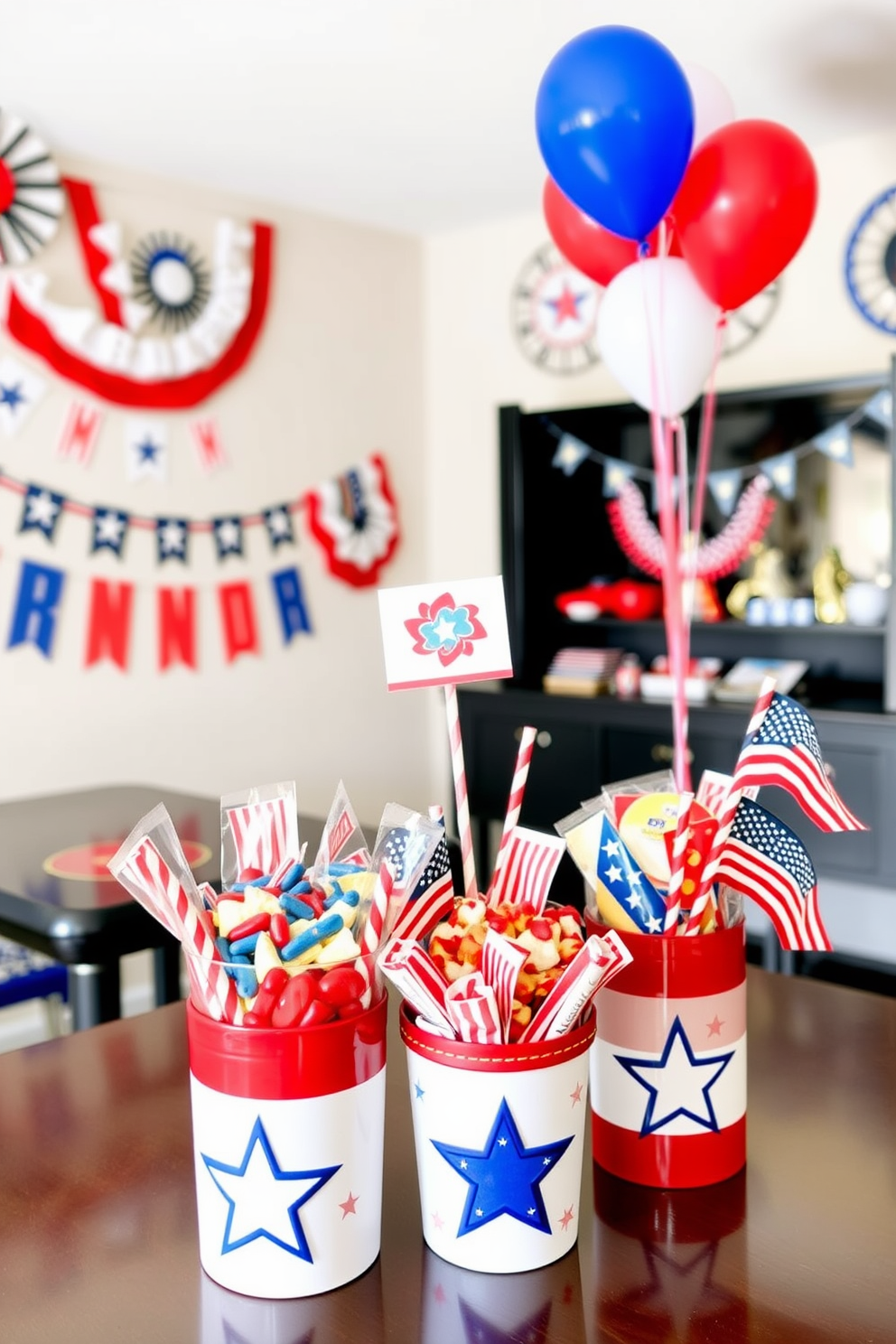 Themed snacks in patriotic containers. Red white and blue themed snacks are beautifully arranged in decorative containers featuring stars and stripes. Memorial Day Game Room Decorating Ideas. The game room is adorned with festive decor including banners and balloons in patriotic colors creating a celebratory atmosphere.