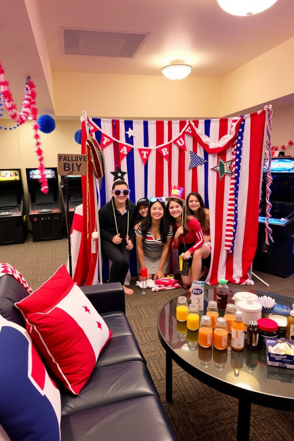 A vibrant DIY photo booth is set up in a spacious game room, featuring a colorful backdrop adorned with patriotic stars and stripes. Props such as oversized sunglasses, hats, and festive banners are scattered around, inviting guests to capture fun memories. The game room is decorated with red, white, and blue accents, including cushions and streamers that enhance the festive atmosphere. A table is set nearby with snacks and drinks, creating a welcoming space for friends and family to enjoy.