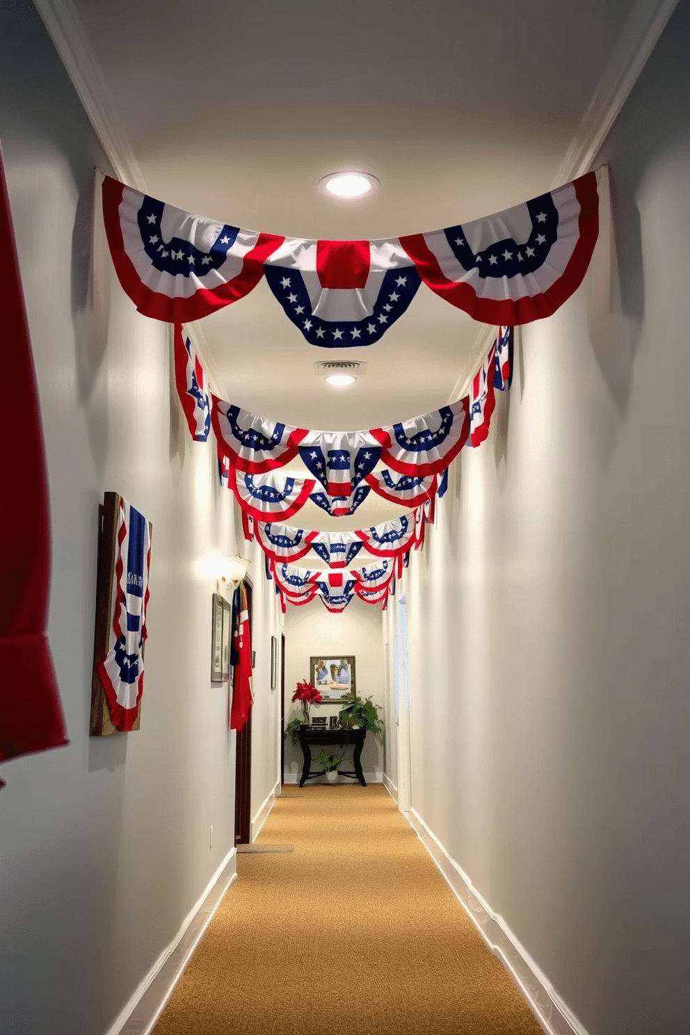 A festive hallway adorned with patriotic bunting that drapes elegantly along the walls. The bunting features red white and blue colors creating a vibrant atmosphere for Memorial Day celebrations.