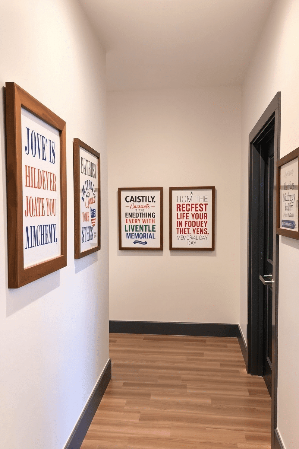 A hallway adorned with patriotic wall art prints celebrating Memorial Day. The prints feature inspiring quotes in bold typography, framed in rustic wood to enhance the warm ambiance of the space.