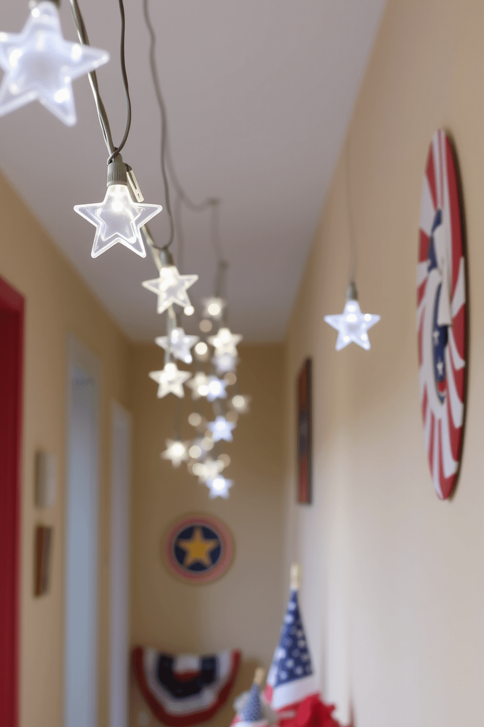 String lights with star shaped bulbs are draped along the walls of the hallway, creating a warm and inviting atmosphere. The soft glow of the lights highlights red, white, and blue decorations, celebrating Memorial Day with patriotic flair.