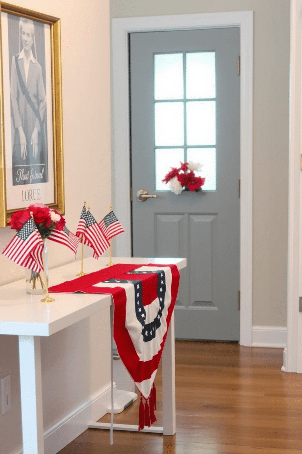 A festive hallway adorned with a red white and blue table runner creates a patriotic atmosphere for Memorial Day. The table runner is placed on a sleek console table, complemented by small decorative flags and a vase of fresh flowers in seasonal colors.