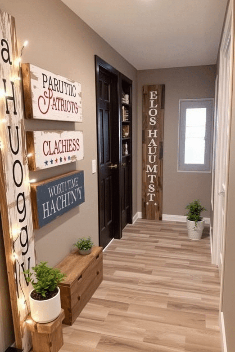 Rustic wooden signs adorned with patriotic messages create a warm and inviting atmosphere in the hallway. These signs can be complemented by simple decor elements like small potted plants and string lights for an added touch of charm.