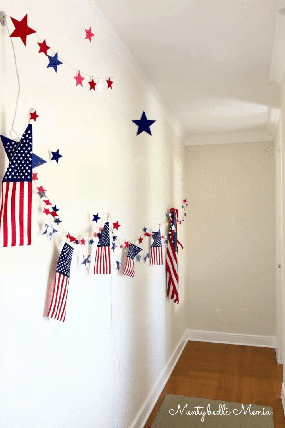 A festive hallway adorned with a decorative garland featuring stars and stripes in red, white, and blue. The garland drapes elegantly along the wall, complemented by small American flags and twinkling fairy lights for a cheerful Memorial Day celebration.