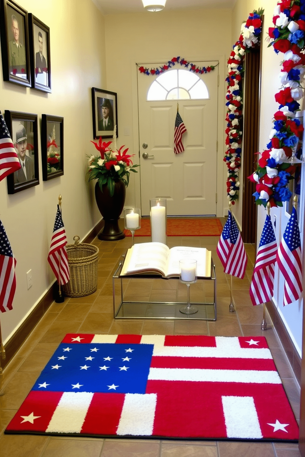 A patriotic themed entryway mat features bold red white and blue stripes with stars adorning the edges. It is placed in a welcoming hallway that is decorated with framed photographs of military heroes and small American flags on either side. For Memorial Day decorating ideas the hallway is enhanced with a garland of red white and blue flowers draped along the walls. A small table displays a memory book for guests to write their tributes alongside candles in glass holders.