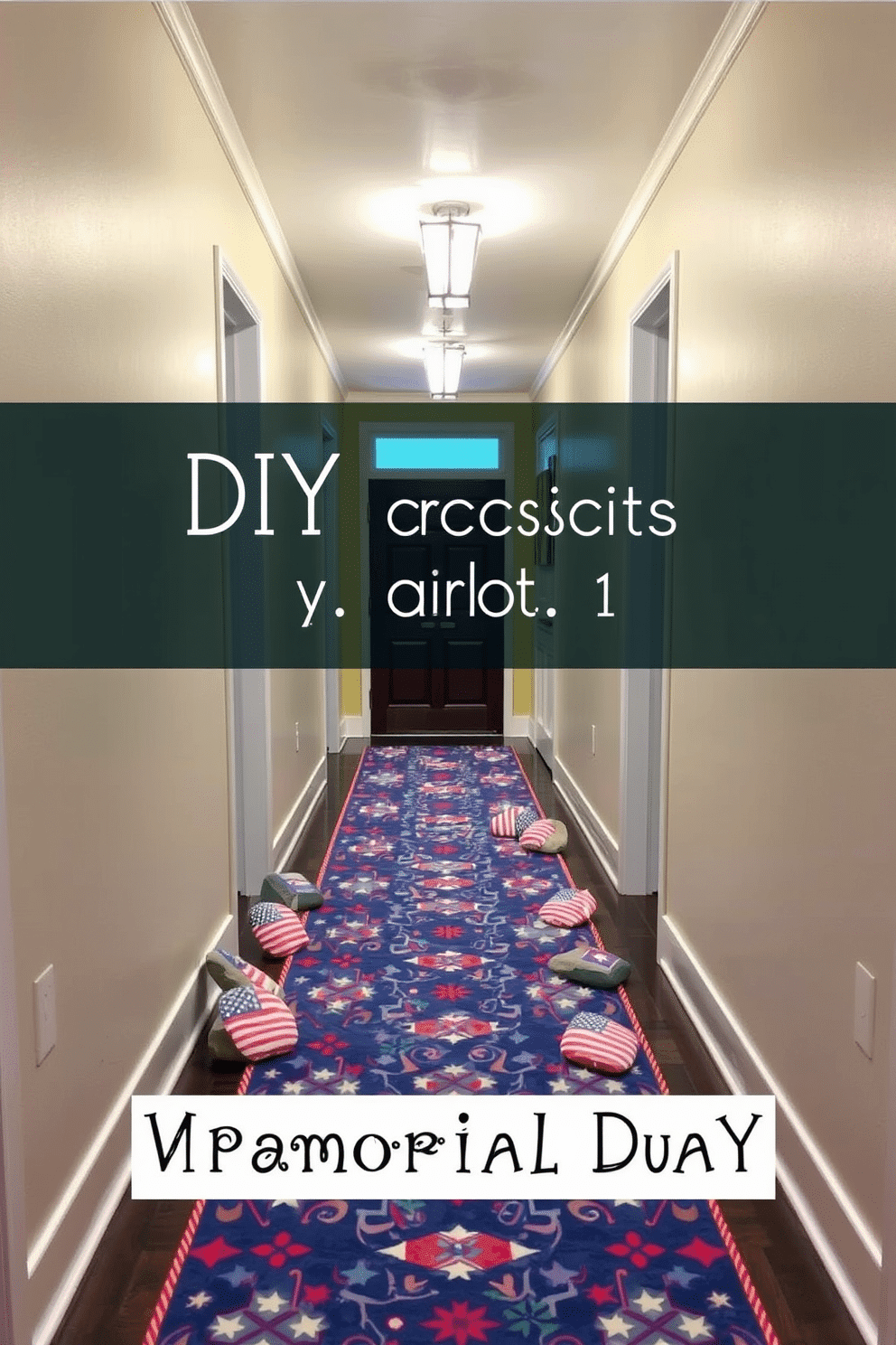 A hallway decorated with DIY painted rocks featuring American symbols for Memorial Day. The rocks are arranged along a vibrant runner, adding a festive touch to the space.