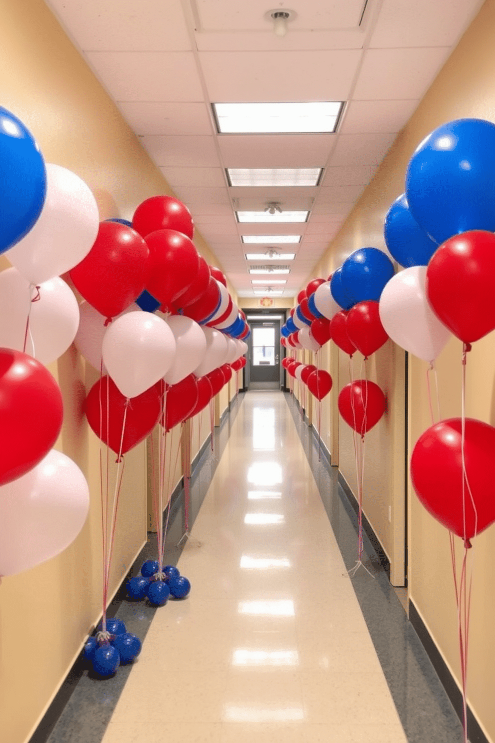 Colorful balloons are arranged in the corners of a bright and cheerful hallway. The balloons in red, white, and blue create a festive atmosphere, perfect for Memorial Day celebrations.