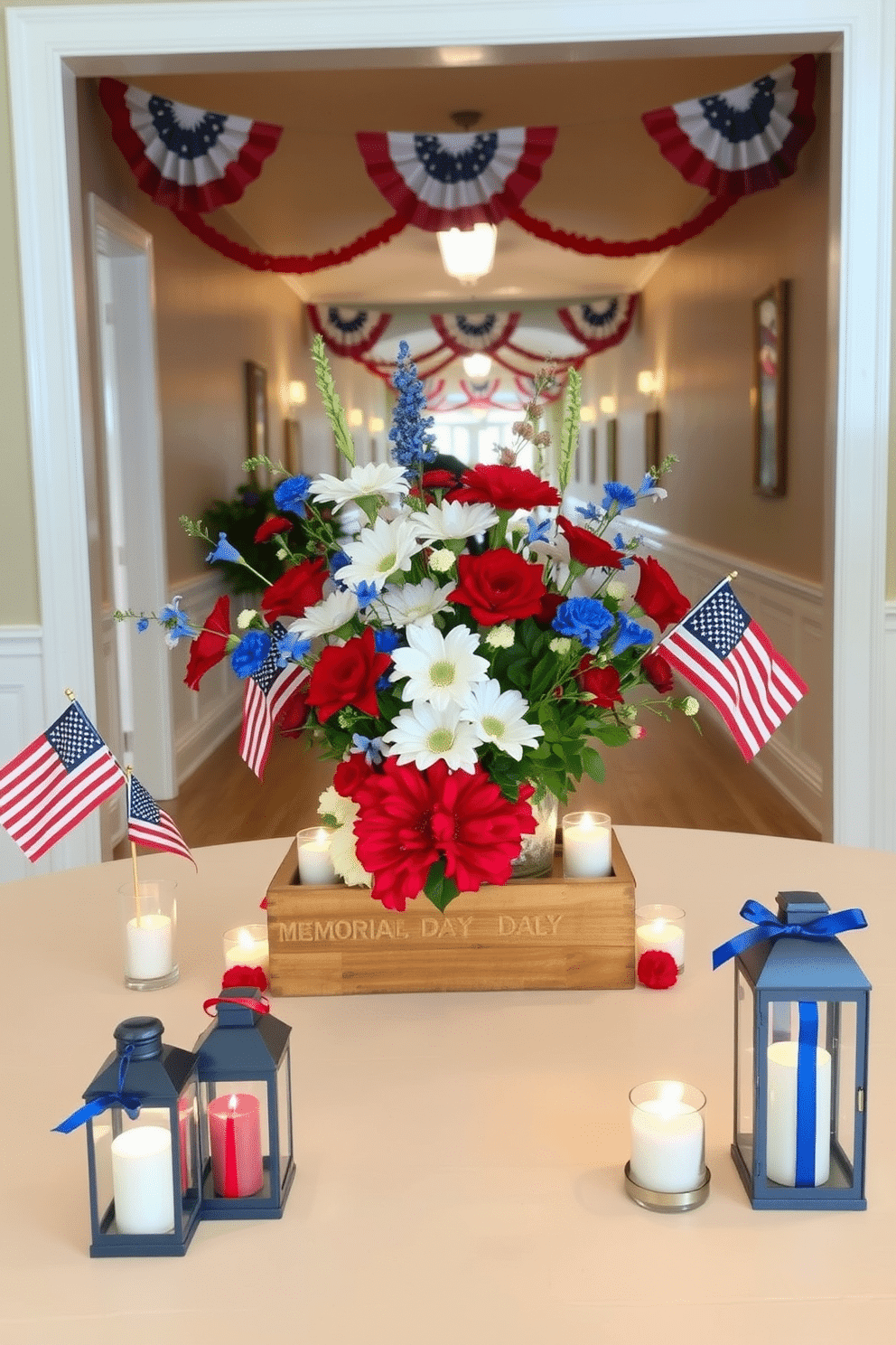 A vibrant table centerpiece featuring red white and blue flowers arranged in a rustic wooden box. Surrounding the centerpiece are small decorative flags and candles in matching colors to enhance the Memorial Day theme. The hallway is adorned with patriotic bunting draped along the walls, creating a festive atmosphere. Lanterns with red white and blue accents line the floor, guiding guests through the space with a warm and inviting glow.