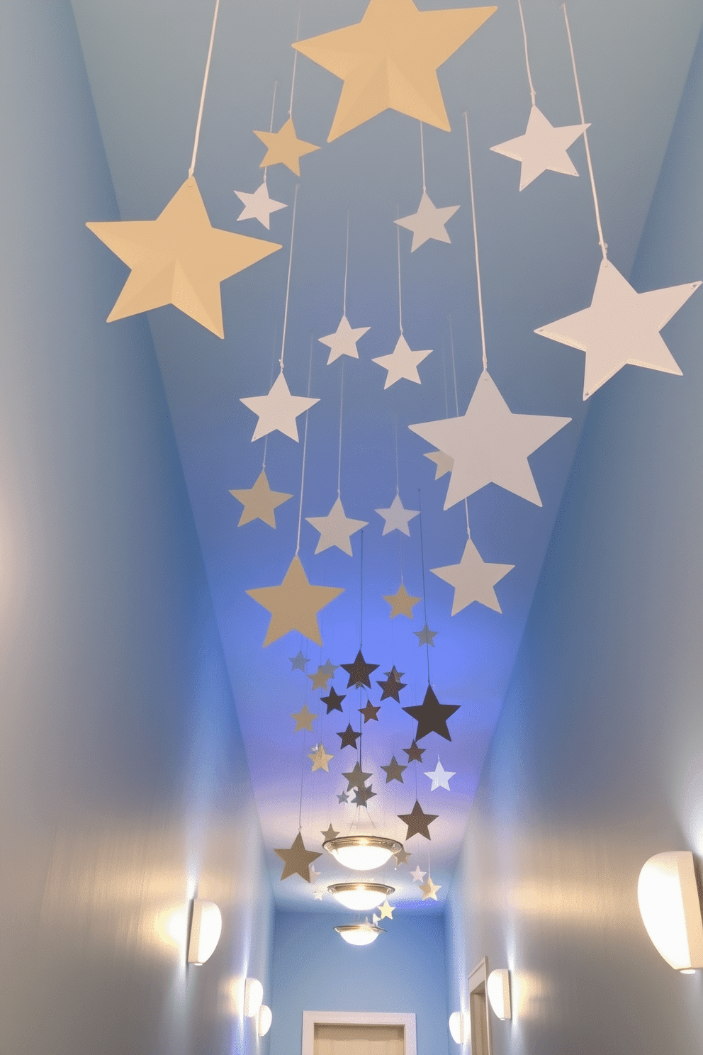 A whimsical hallway adorned with hanging stars that twinkle from the ceiling creates a magical atmosphere. The stars vary in size and are crafted from lightweight materials, casting soft shadows on the walls below. The walls are painted in a soft blue hue, reminiscent of a clear night sky. A subtle glow from strategically placed lights enhances the celestial theme, inviting guests to explore the space further.