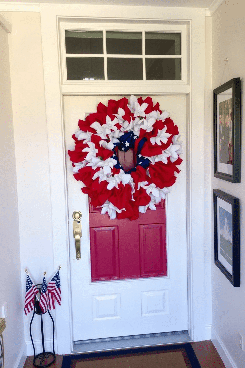 A vibrant red white and blue wreath adorns the front door, celebrating Memorial Day with patriotic flair. The hallway features subtle decorations, including small flags and themed artwork that complement the wreath's colors.