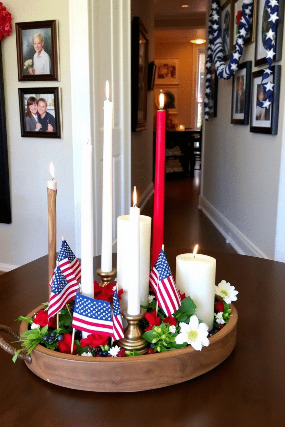 Create a patriotic themed candle arrangement for a Memorial Day celebration. Use red white and blue candles of varying heights arranged on a rustic wooden tray with small American flags and seasonal flowers. Decorate the hallway with a festive display that includes garlands made of stars and stripes. Incorporate framed photographs of past Memorial Day events and hang them alongside the candle arrangements for a personal touch.