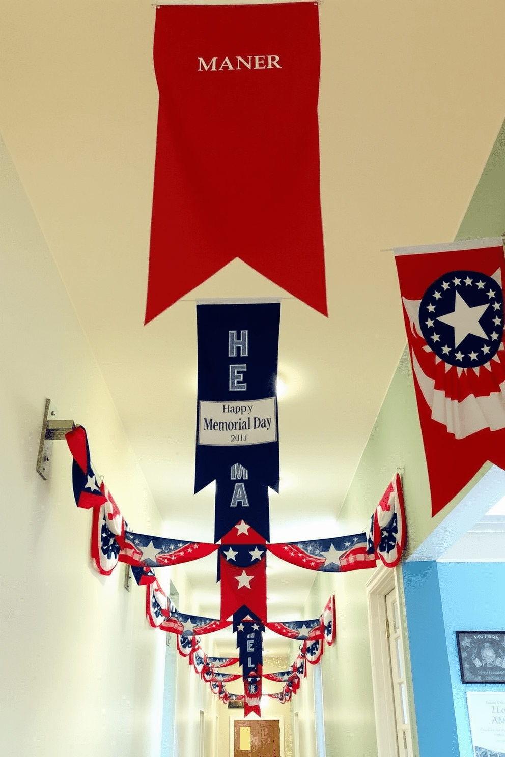 Create a festive hallway setting adorned with seasonal banners celebrating Memorial Day. The banners feature red white and blue colors with stars and stripes designs hanging gracefully from the ceiling.