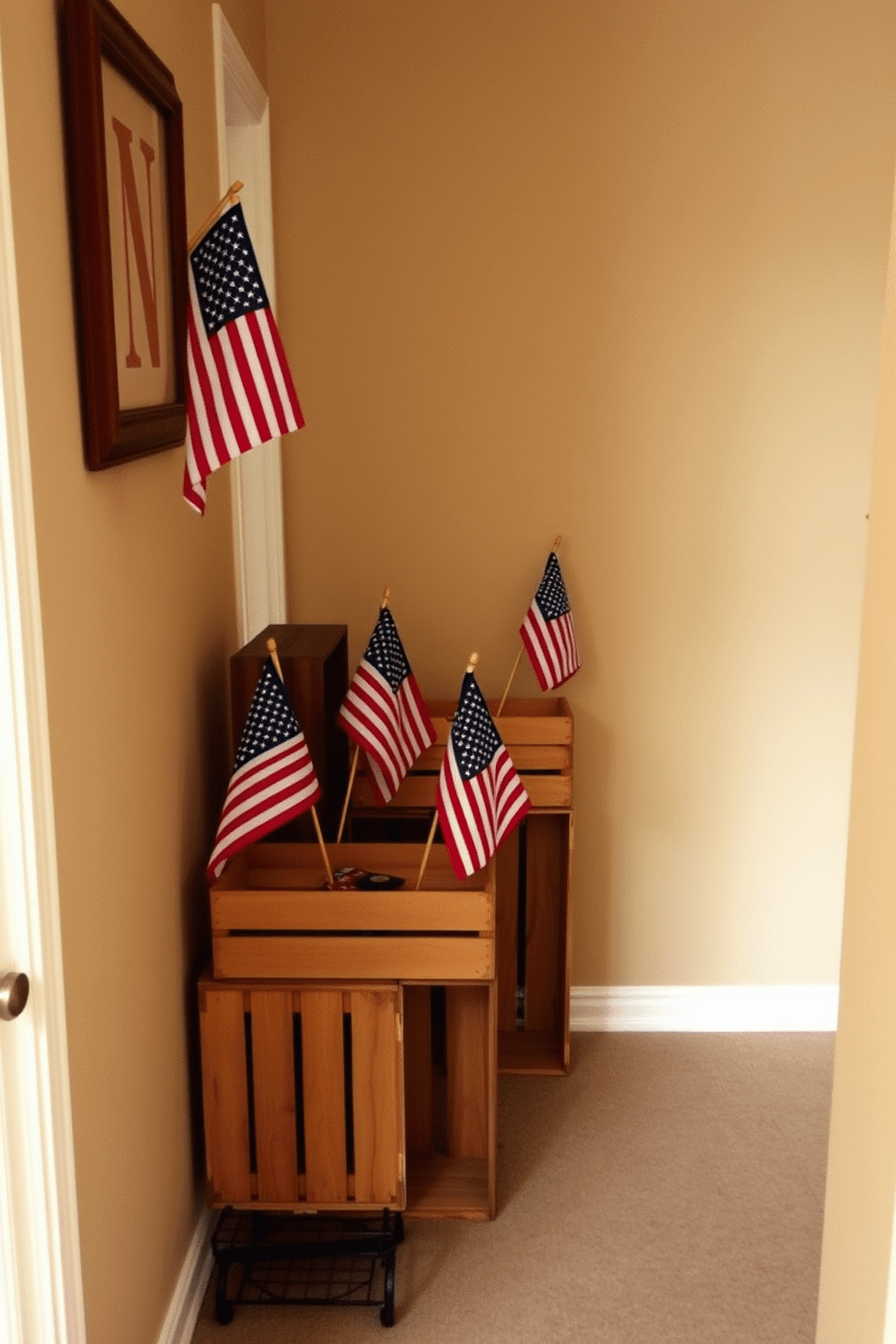 Decorative wooden crates are arranged artistically along the hallway, each one adorned with small American flags to celebrate Memorial Day. The hallway walls are painted in a soft beige tone, providing a warm backdrop that complements the rustic charm of the crates.