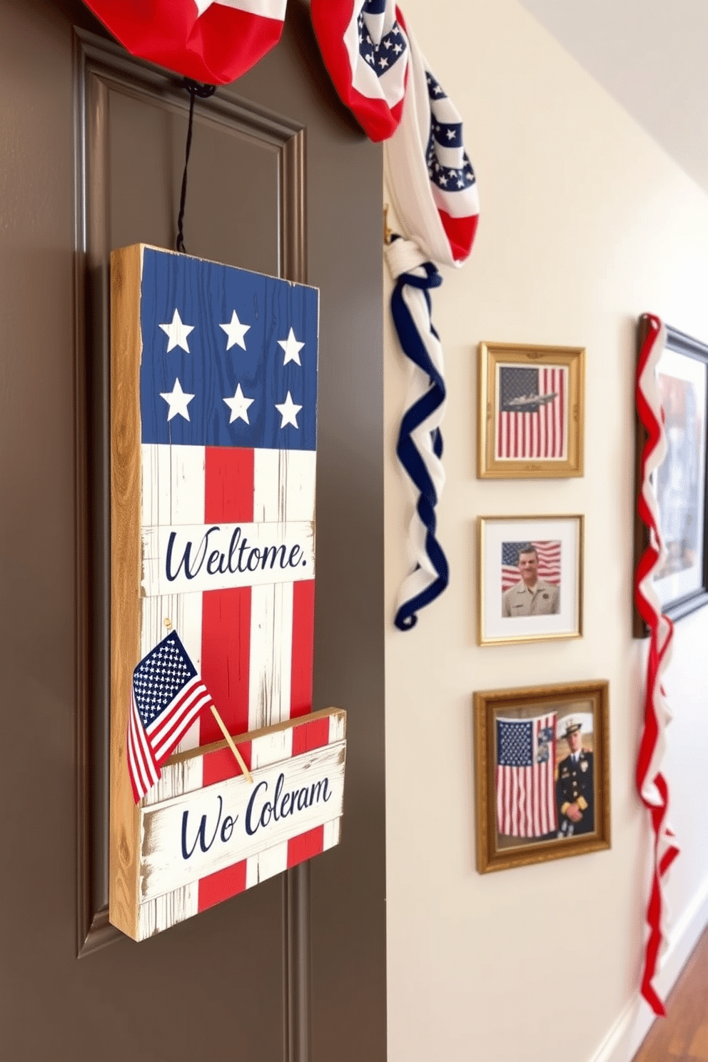 A patriotic themed door hanger featuring red white and blue colors with stars and stripes. The design incorporates a rustic wooden base adorned with a cheerful welcome message and a small American flag. For the Memorial Day hallway decoration ideas create an inviting atmosphere with garlands of red white and blue bunting. Incorporate framed photographs of veterans and flags displayed in elegant frames along the walls.